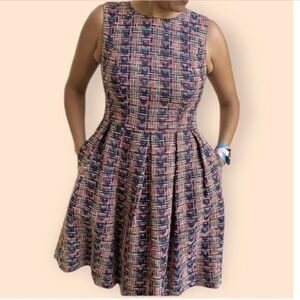 Shoshanna Tweed Navy and Pink Geometric Fit and Flare Sleeveless Dress Size 0
